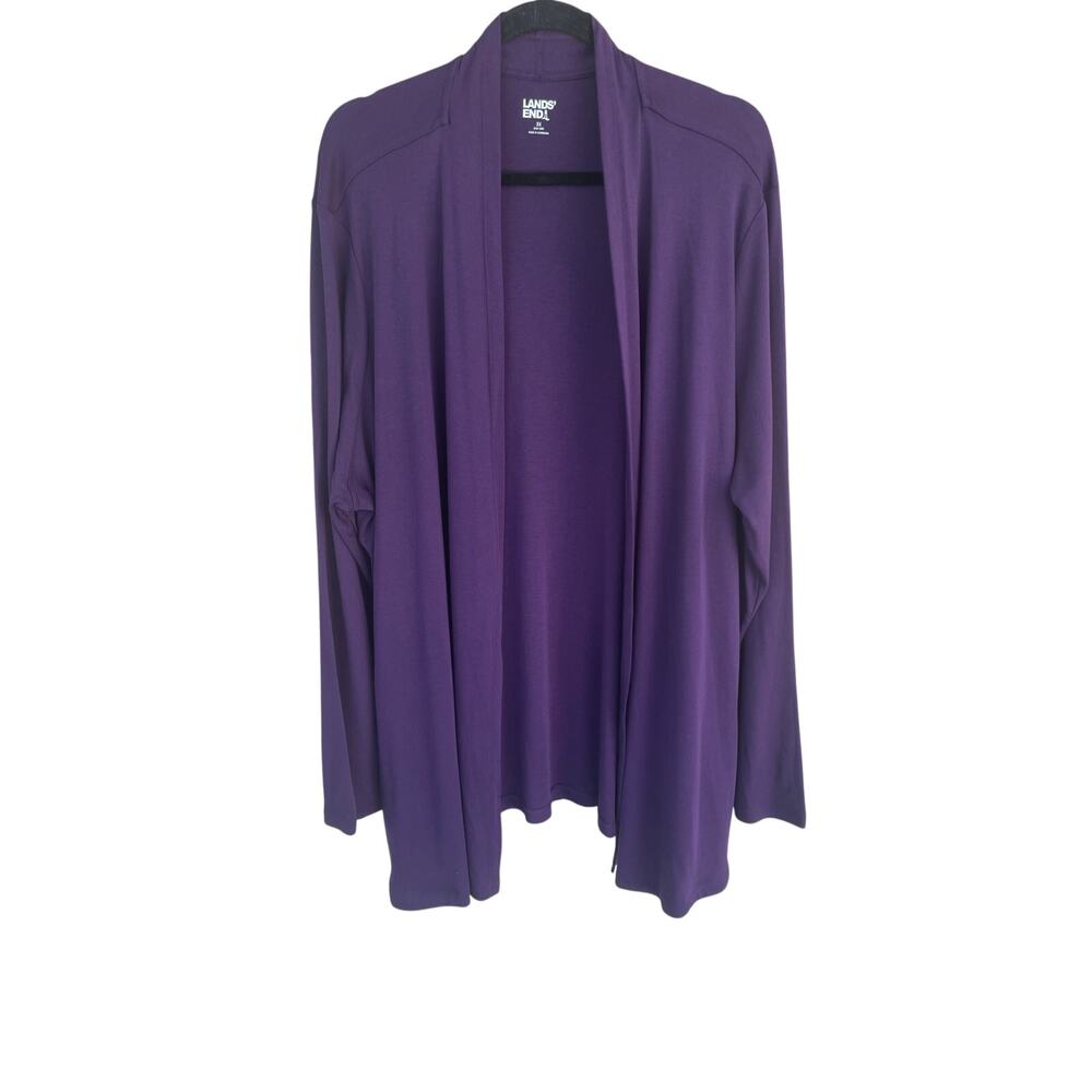 Lands End Cardigan Size 3X Purple Open Front Cotton Blend Long Sleeve Pockets